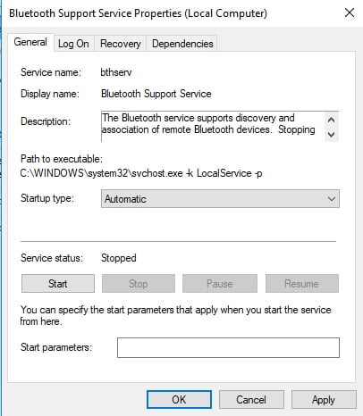 Check the Bluetooth support service to resolve no sound after Bluetooth connection in Windows 10