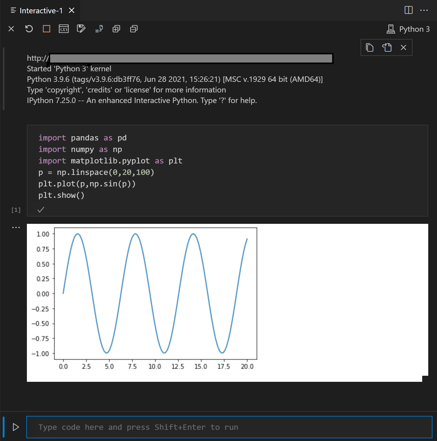 The Python Interactive window showing that code is running on a remote Jupyter server