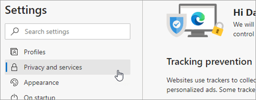 Screenshot of the Privacy and services tab in Microsoft Edge settings