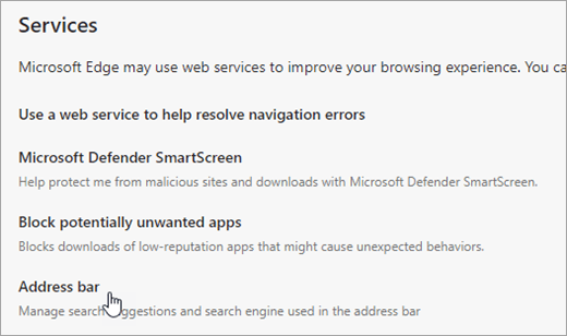 Screenshot of Address bar in Privacy and services settings