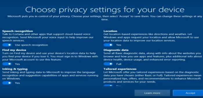Welcome to windows 10 - Privacy Settings privacy settings