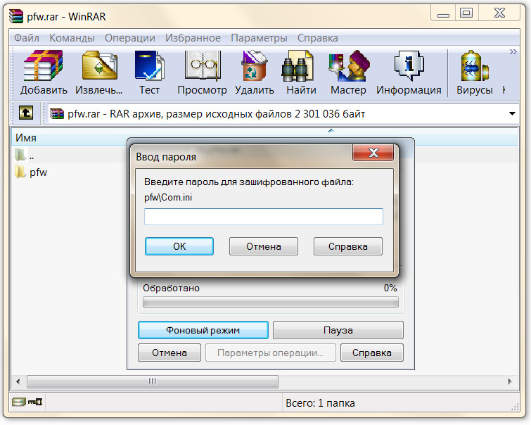 WinRAR - ввод пароля.